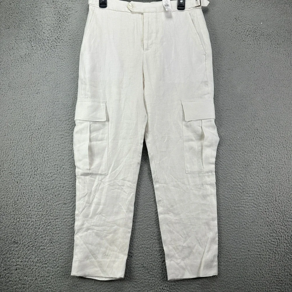 Banana Republic Womens Linen Cargo‎ Pants 4 White Flat Front Pockets Casual NEW